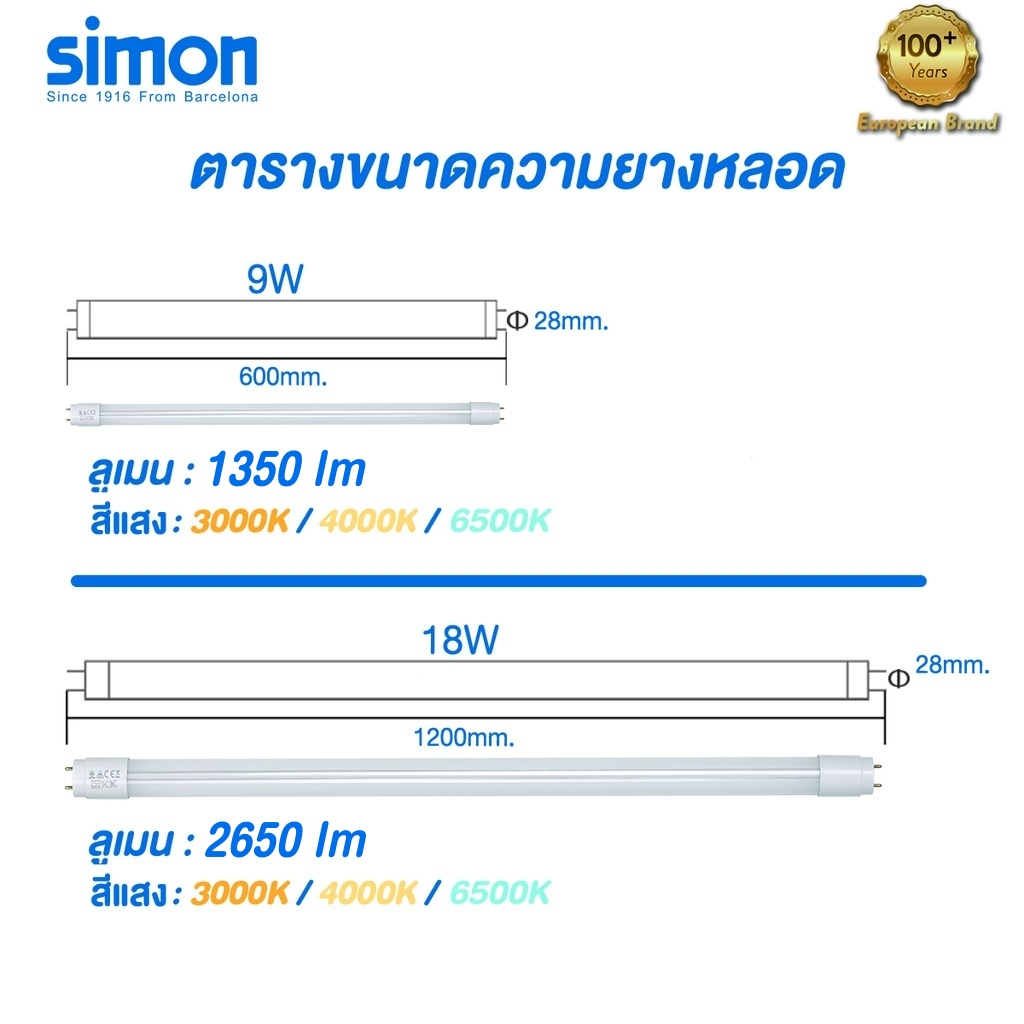 Simon หลอดไฟ LED T8 tube Bulb ชุดรางแอลอีดี หลอดยาว 9W 18W 3000K 4000K ...