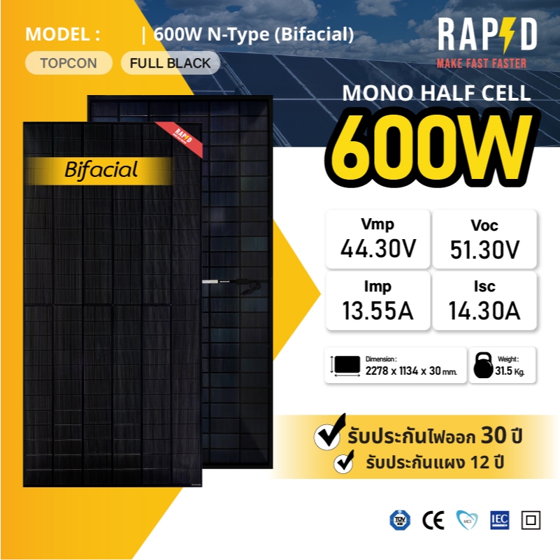 ใหม่ แผงโซล่าเซลล์ 600W Full Black (มีรับประกัน) ใหม่ 18 บัสบาร์ ...