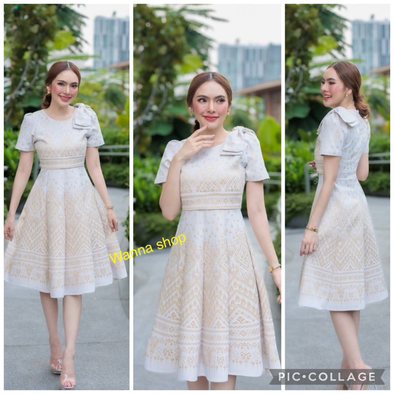 เดรสผ้าไทยสีขาวงาช้างทรงกั๊กแต่งโบว์ไหล่ ลายเทียนหยด สวยหรู พร้อมส่ง มุมมองที่ 3