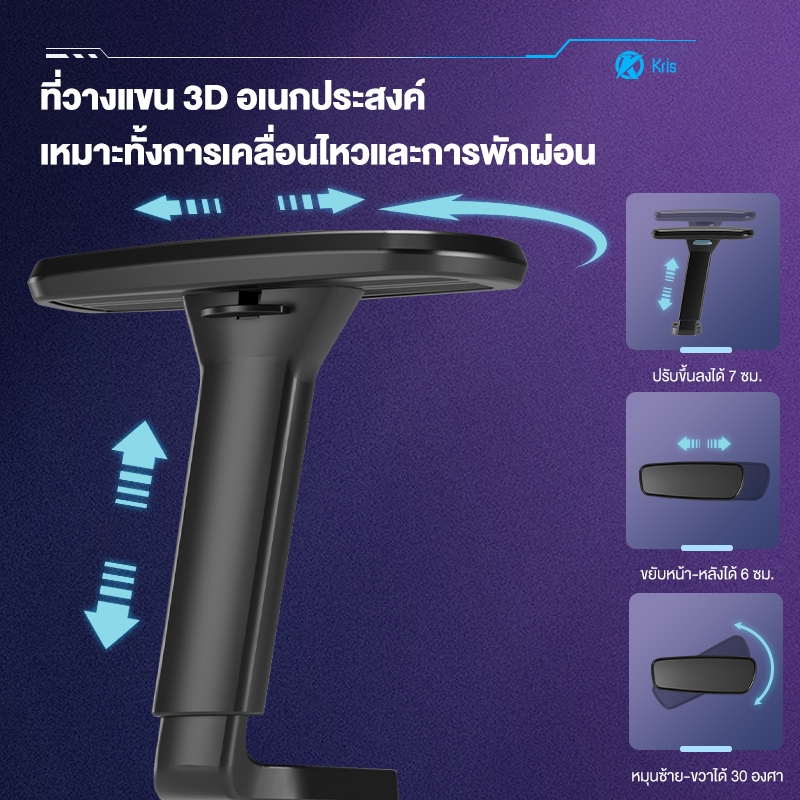 Kris Y08 เก้าอี้เพื่อสุขภาพ E-Sports Ergonomic คุณสมบัติมากมาย สมรรถนะสูง เกรดคุณภาพ เก้าอี้ตามหลักสรีรศาสตร์ รับประกัน 3 ปี อะไหล่ทดแทนฟรี