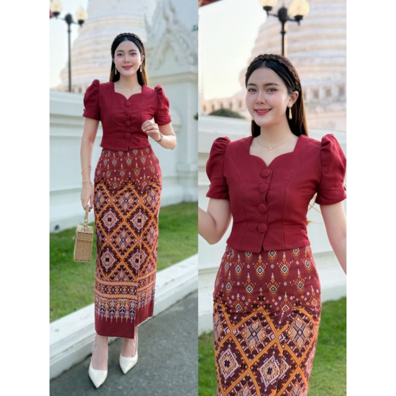 ชุดผ้าไทยเซต2ชิ้นผ้าฝ้ายอัดกาว ใส่สบาย ผ้าถุงสำเร็จซิบข้าง เสื้อหน้าต่อกระดุม มุมมองที่ 6