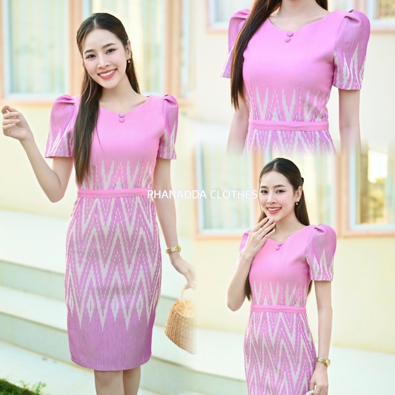 เดรสคอปาดผ้าไทยทอลาย อัดกาว ใส่แล้วสวยหรู ไซส์ S-5XL มุมมองที่ 4