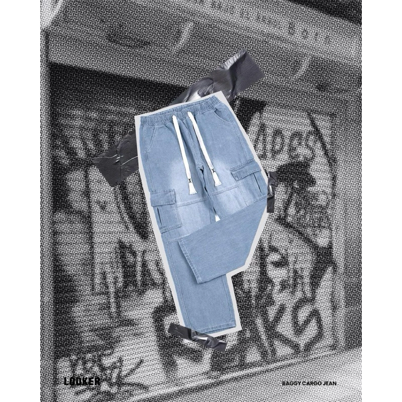 LOOKER - Baggy Cargo Jean กางเกงยีนส์ขายาวเอวยางยืด สีฟอก สีเทาเข้ม สีดำ https://wayoza.com