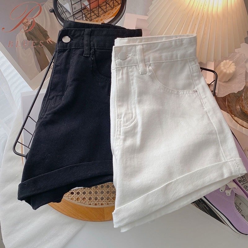 B BLUES ส่งไวจากไทย S-2XL ผู้หญิงเกาหลีกางเกงยีนส์ขาสั้น เอวสูงเรียบๆกางเกงขาสั้น - 4