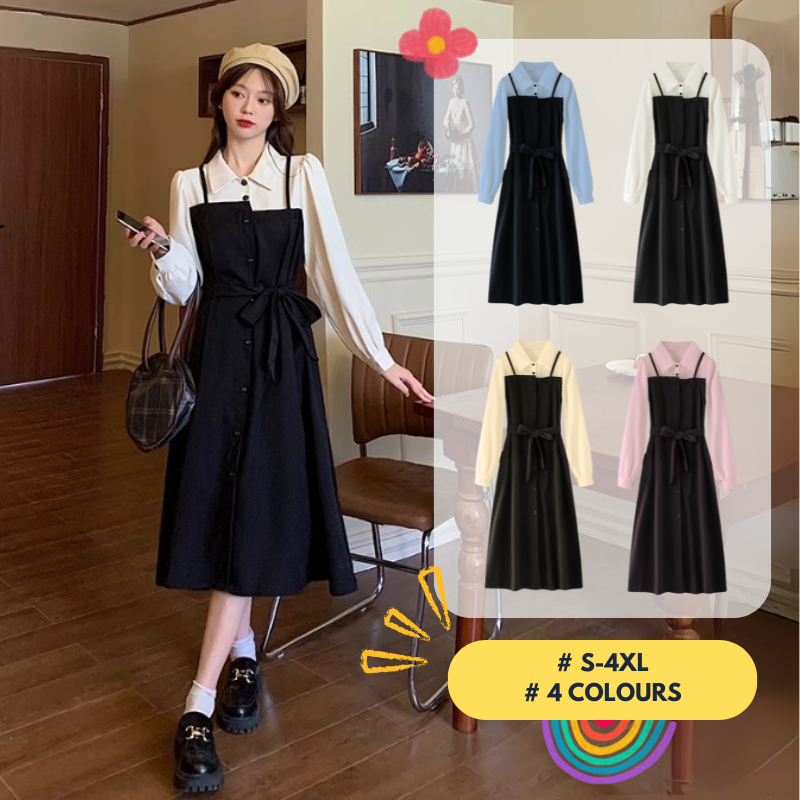 【ใหม่】S-5XL ชุดเดรสไซส์ใหญ่สำหรับสาวพลัสไซส์ สไตล์แฟชั่นฝรั่งเศสแบบสองชิ้นปลอม แขนยาวเข้ารูป พลางหุ่น เดรสทำงาน เดรสยาว