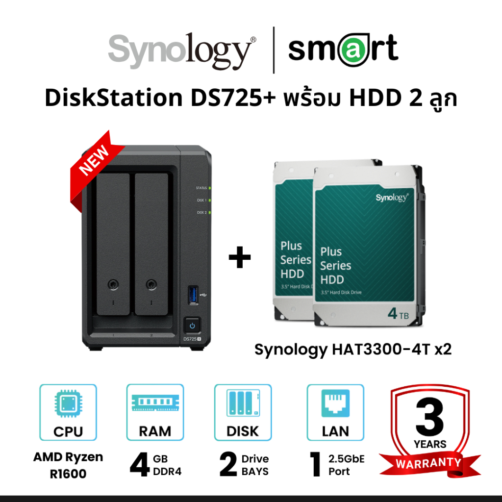 New! Synology DiskStation DS725+ 2-Bay NAS + 2 x Synology HDD 4TB/6TB ...