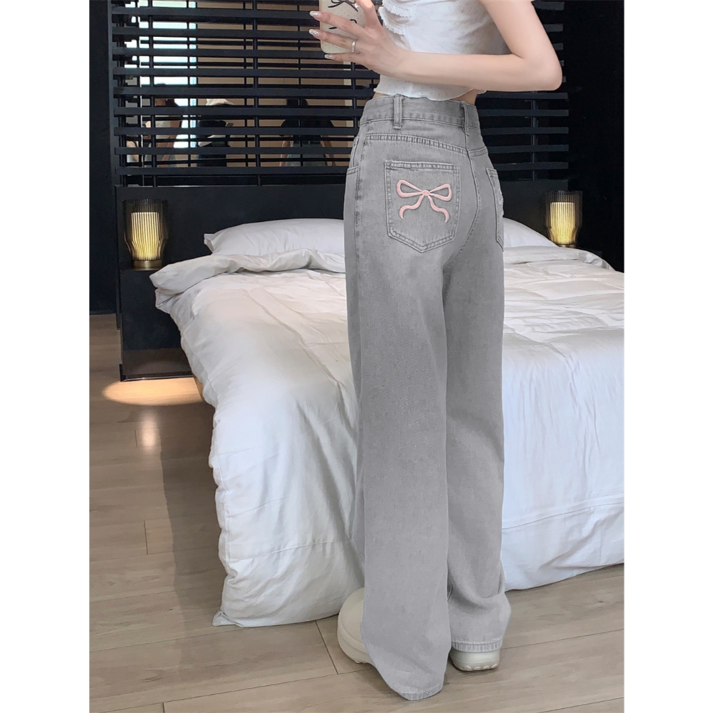 กางเกงยีนส์ กางเกงกระบอก เอวสูง ผ้ายืดได้ งานปักลายโบว์ #1501218 - 5