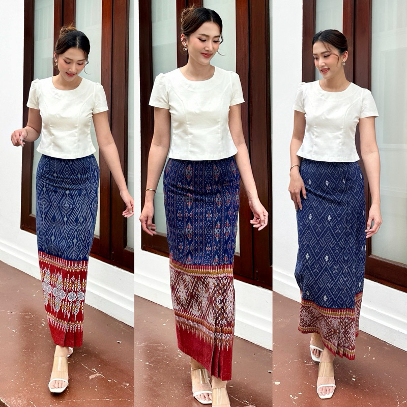 ผ้าถุงสำเร็จรูป ลายมัดหมี่จกเชิงแดง แต่งจีบหน้า ใส่สบาย ดูดีทุกวัย