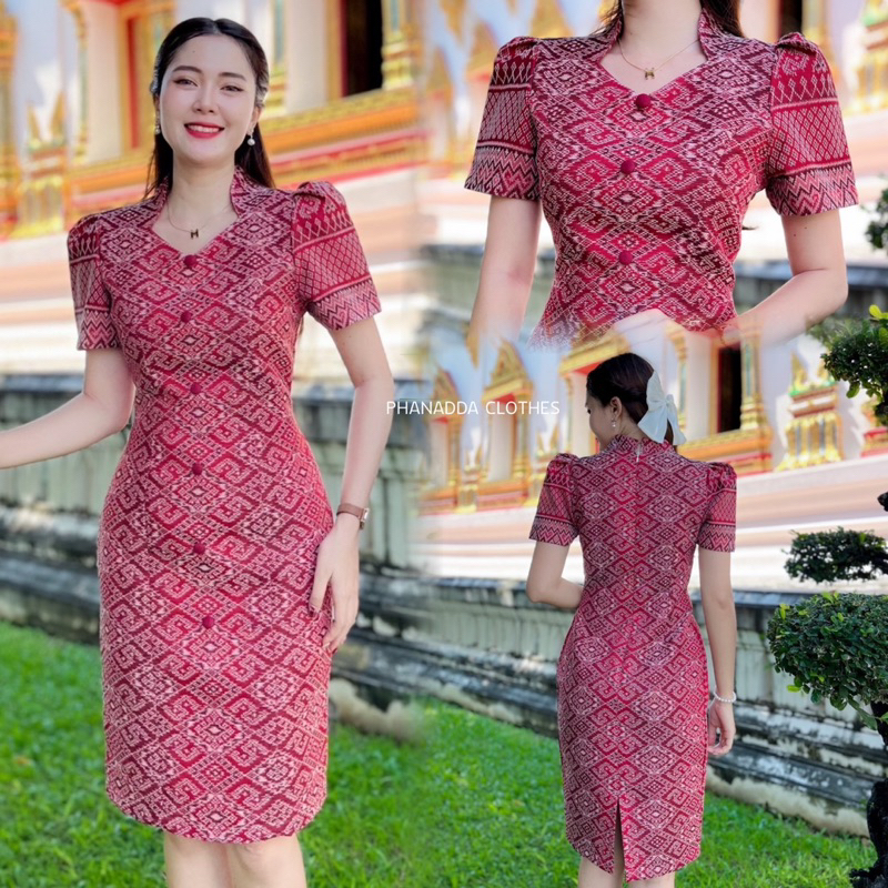 เดรสคอปีนลายไทย ผ้าฝ้ายครามทอ ใส่สบายทุกวัน ทรงสวยไม่ยับ มุมมองที่ 3