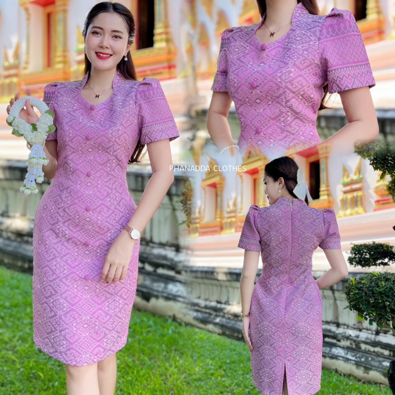 เดรสคอปีนลายไทย ผ้าฝ้ายครามทอ ใส่สบายทุกวัน ทรงสวยไม่ยับ มุมมองที่ 2
