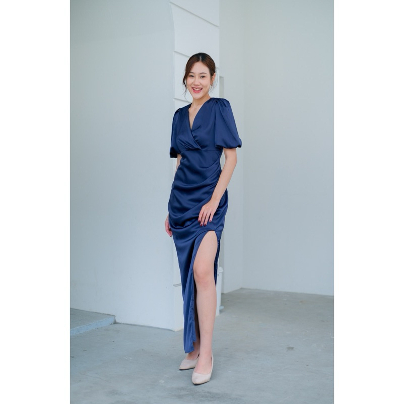 FN4210 ราตรีคอวีแขนพอง ผ้าซาตินหรู พรางพุง เดรสเพื่อนเจ้าสาว ไซส์ S-3XL มุมมองที่ 5