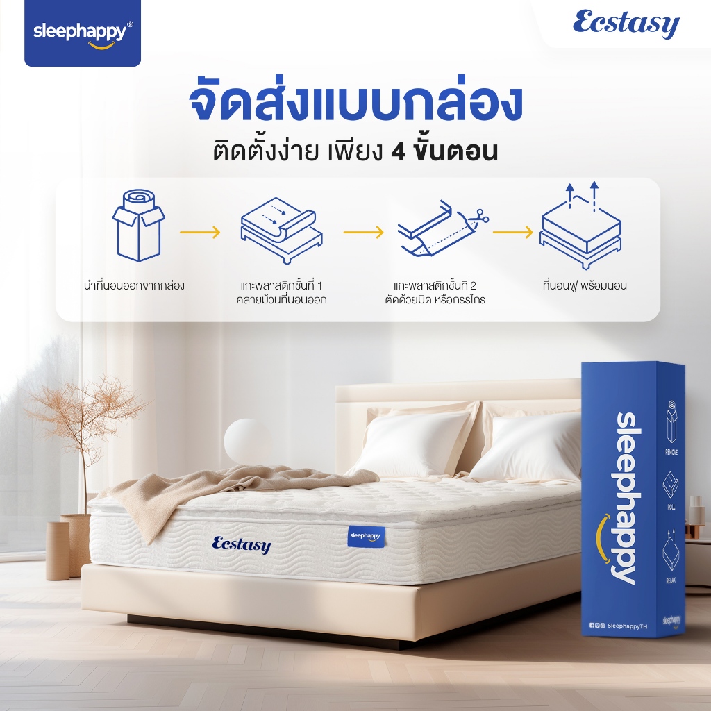 SleepHappy รุ่น Ecstasy ชุดหัวเตียงและฐานเตียงพร้อมที่นอนพ็อกเก็ตสปริงยางพาราธรรมชาติ เสริม Pillow Top เพื่อการนอนหลับสบายสไตล์โรงแรมหรู