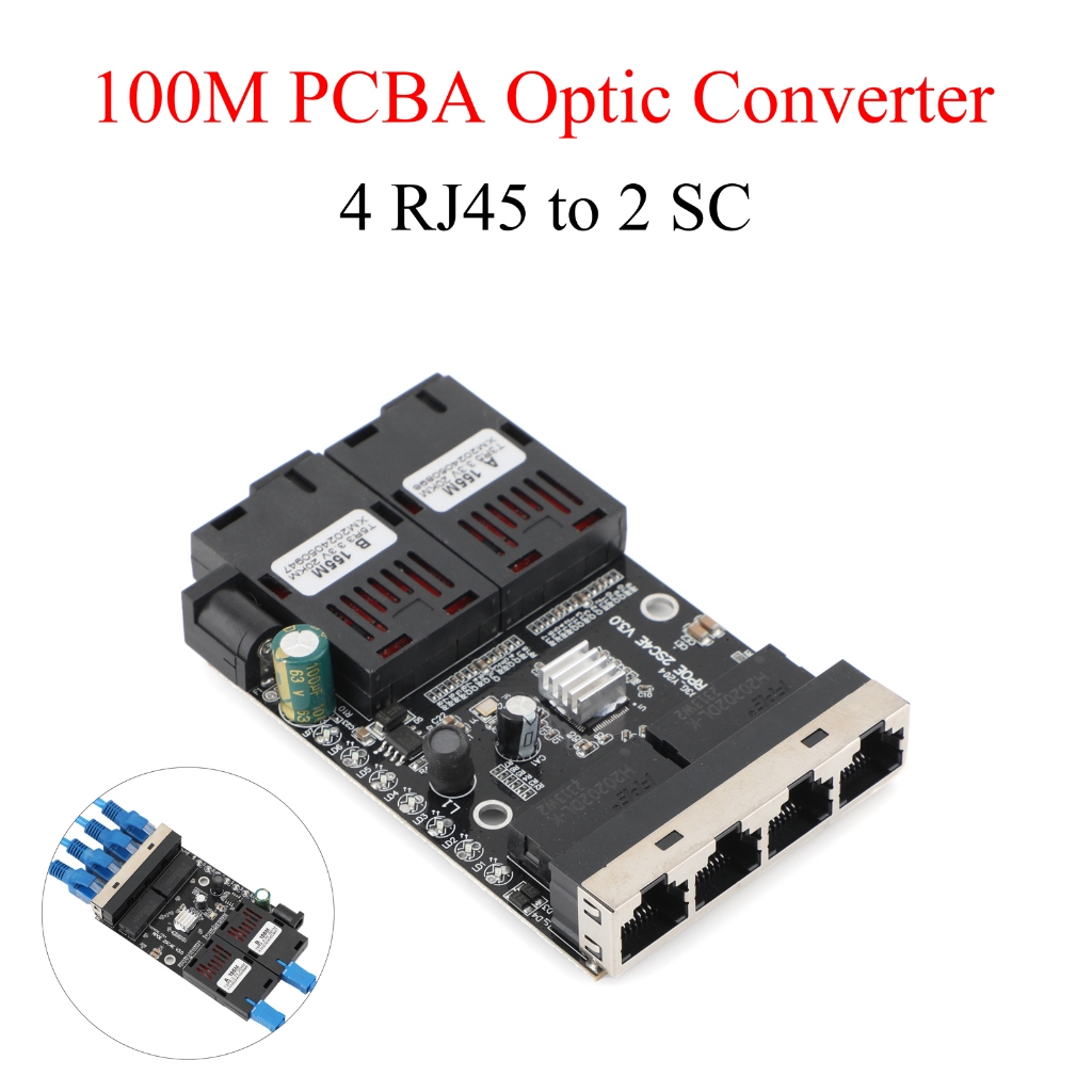 100M Fiber Optic Media Converter 4 RJ45 to 2 SC A+B Optic Connector ...