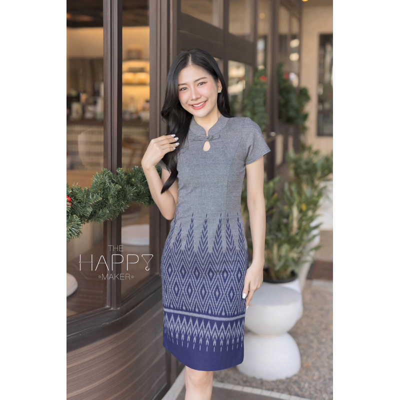 เดรสผ้าไทยคอตีจีนลายต้นสน ใส่ทำงานสวยเข้ารูป ผ้าฝ้ายนุ่มสบาย มุมมองที่ 5