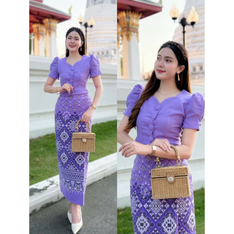 ชุดผ้าไทยเซต2ชิ้นผ้าฝ้ายอัดกาว ใส่สบาย ผ้าถุงสำเร็จซิบข้าง เสื้อหน้าต่อกระดุม มุมมองที่ 5