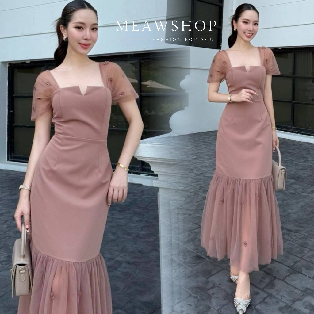 เดรสยาวคอรูปหัวใจ ผ้าซีทรูดอกไม้3D พร้อมซับใน ไซส์ S-3XL ชุดออกงานสวยเก๋ มุมมองที่ 6