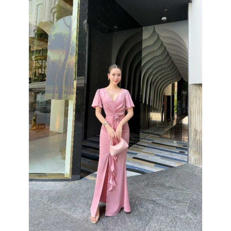 D021 เดรสยาวพรีเมี่ยม 58นิ้ว ไซส์S-3XL ชุดเพื่อนเจ้าสาว ชุดราตรี งานปาร์ตี้ ผ้าเครปซาตินนุ่มลื่น พรางพุง แถมเข็มกลัด มุมมองที่ 5
