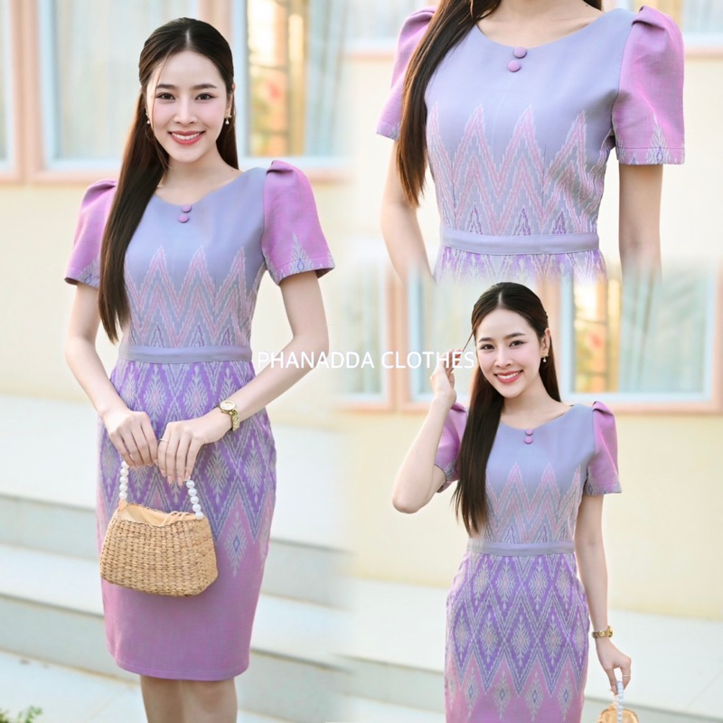 เดรสคอปาดผ้าไทยทอลาย อัดกาว ใส่แล้วสวยหรู ไซส์ S-5XL มุมมองที่ 2