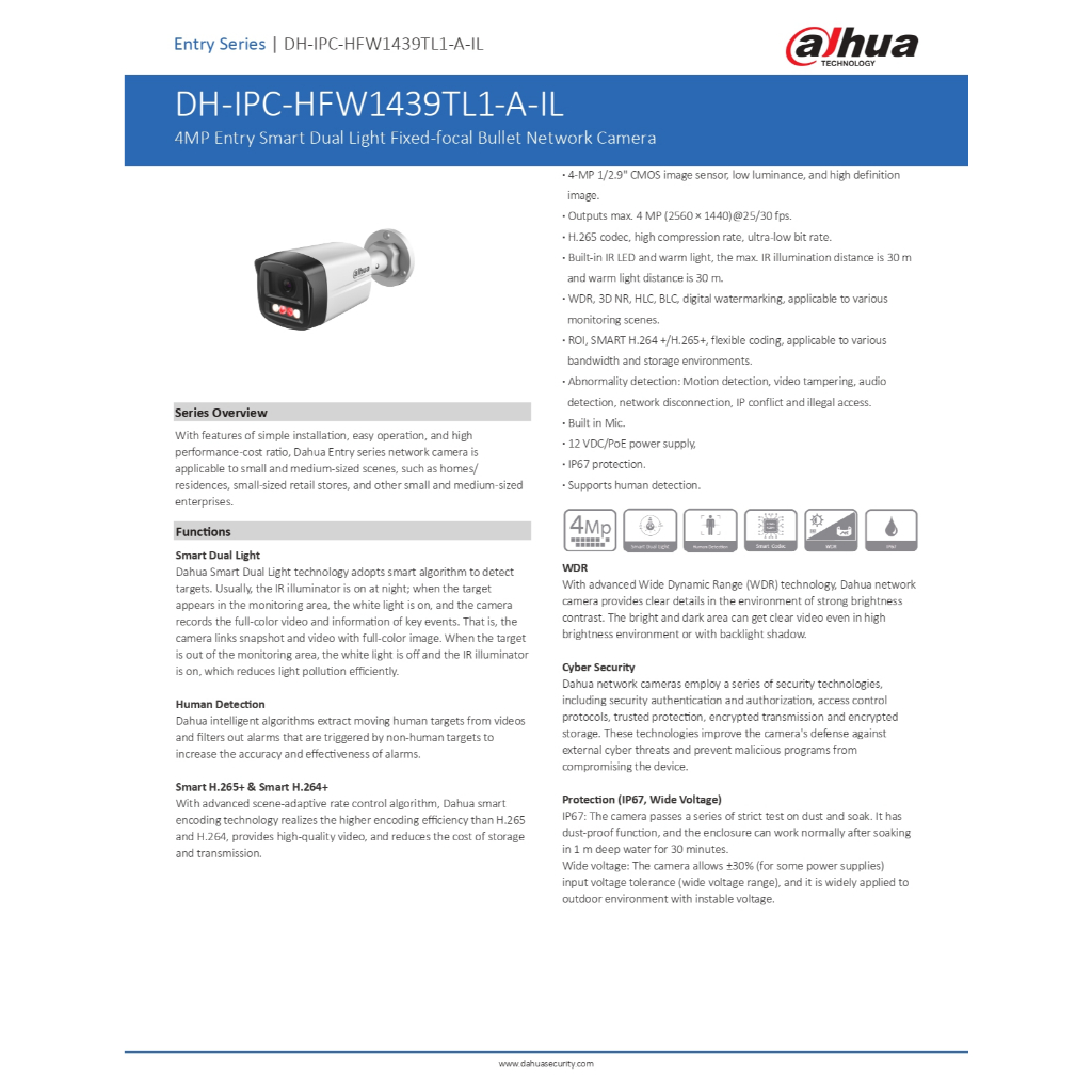 DAHUA กล้องวงจรปิด PoE 4MP มีไมค์ในตัว รุ่น IPC-HFW1439TL1-A-IL มาแทน ...