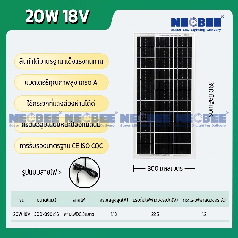 NEOBEE แผงโซลาร์เซลล์ ซิลิคอนโมโนคริสตัลไลน์ ผลิตไฟฟ้า 18V ขนาด 20 ...