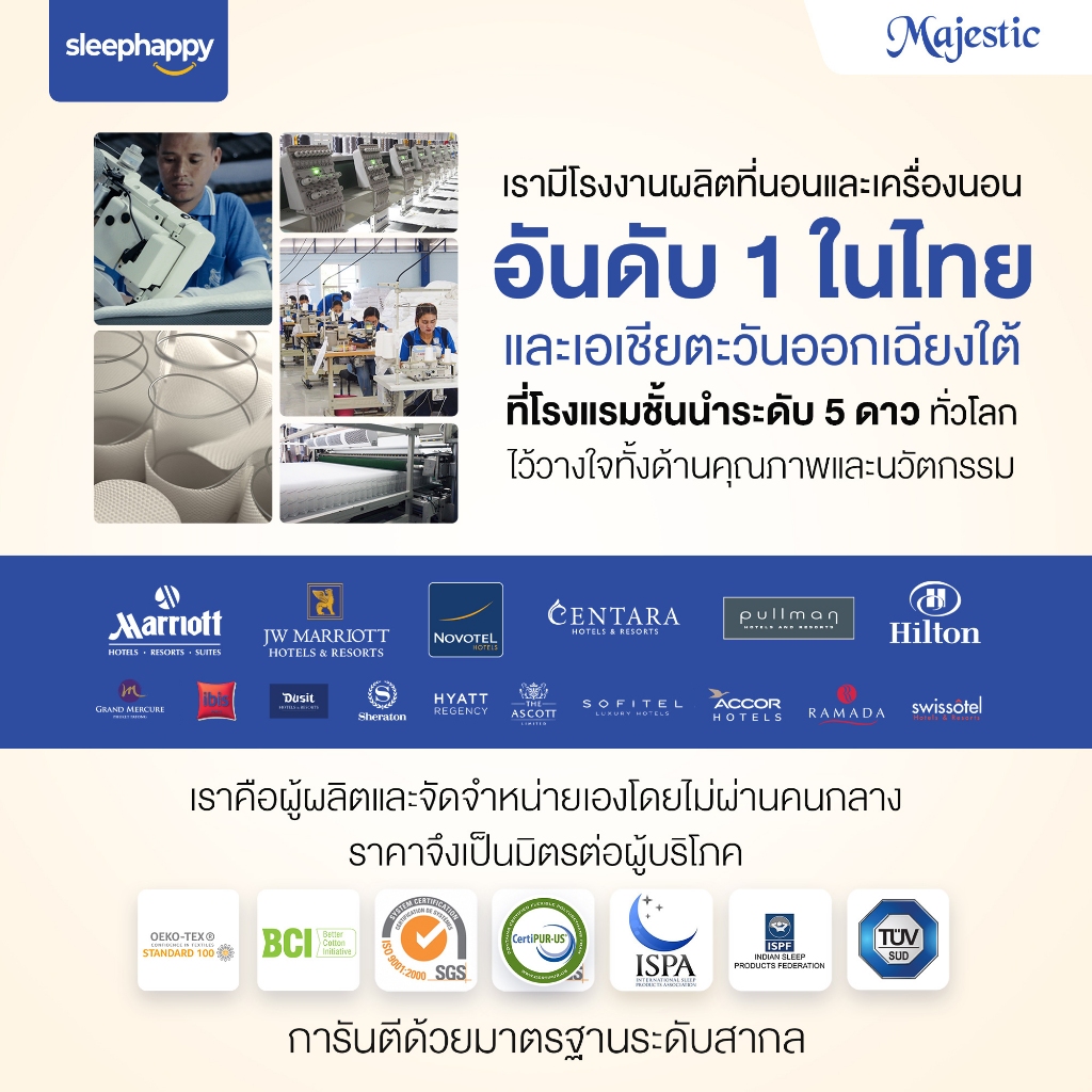 SleepHappy รุ่น Majestic ที่นอนยางพาราธรรมชาติ Hybrid เสริมคูลเจลเมมโมรี่โฟมและพ็อกเก็ตสปริง หนา 14 นิ้ว