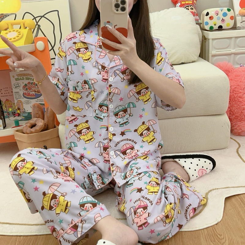 ชุดนอนไหมเกาหลี ขายาว มอนชิชิม่วง | Shopee Thailand