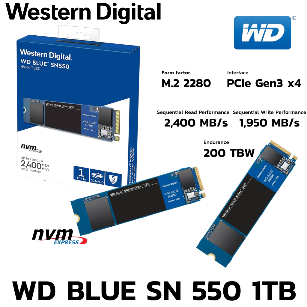 1 TB SSD (เอสเอสดี) WD BLUE SN550 PCIe/NVMe M.2 2280 (WDS100T2B0C