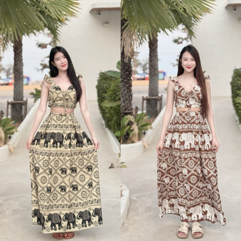 ชุดเซ็ตช้าง เสื้อแขนระบายผูกโบว์หน้า กระโปรงจีบยาว
