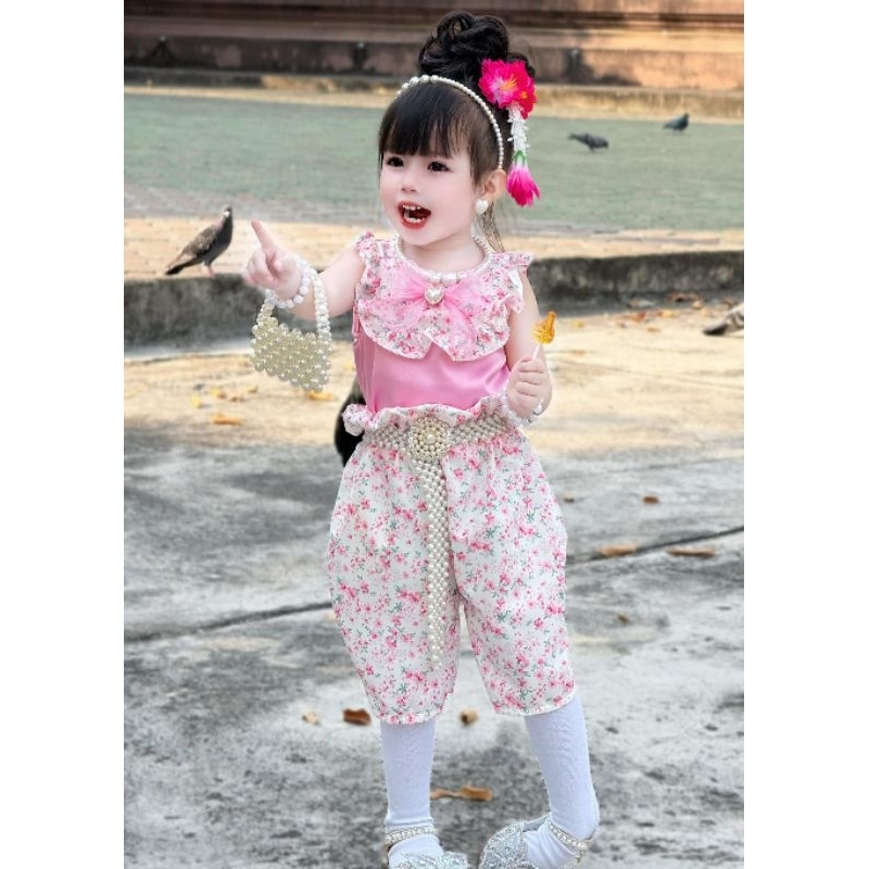ชุดไทยเด็กเจ้าหญิงหวานฉ่ำ สีชมพูมีสไบมุ้ง ใส่สบายไม่ร้อน 🎀 มุมมองที่ 2