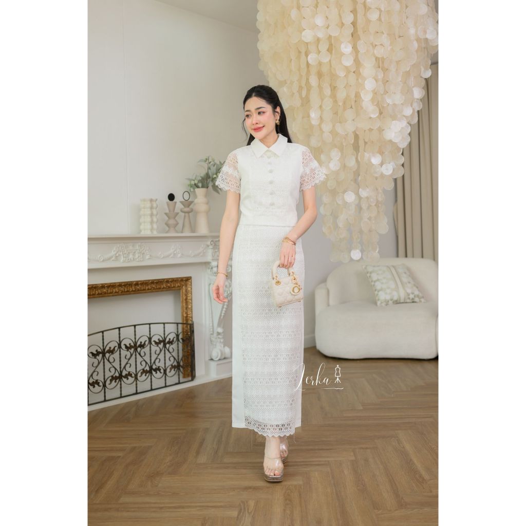 ชุดเซ็ทขาวหรู ใส่ทำบุญ งานบวช ออกงาน ลูกไม้คุณภาพ S-4XL มุมมองที่ 5