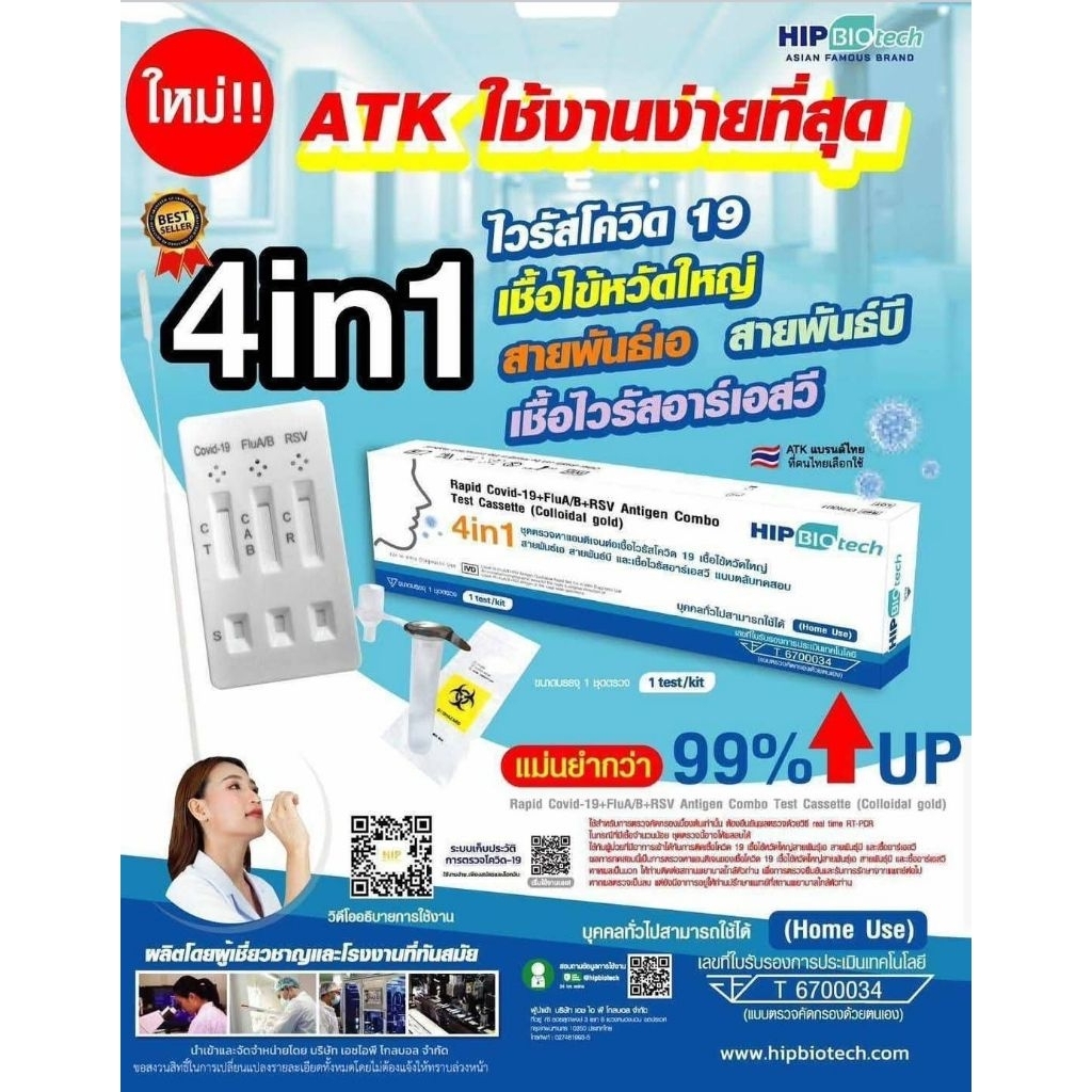 ชุดตรวจโควิด Hip 4in1 COVID-19 + FluA/B + RSV antigen test kit ATK ตรวจ ...