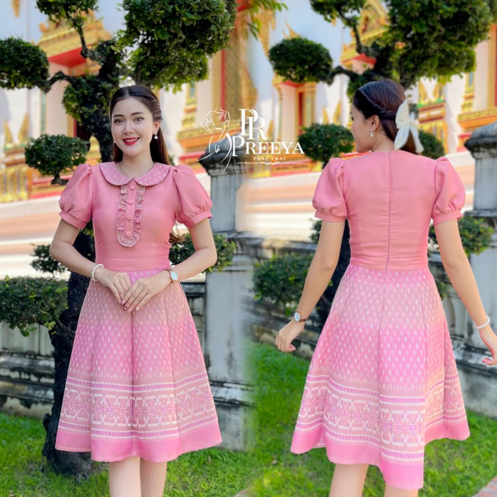 เดรสผ้าฝ้ายทอลาย Preeya PR114 อัดกาวทั้งชุด ไซส์ S-2XL สวยสง่าใส่สบาย