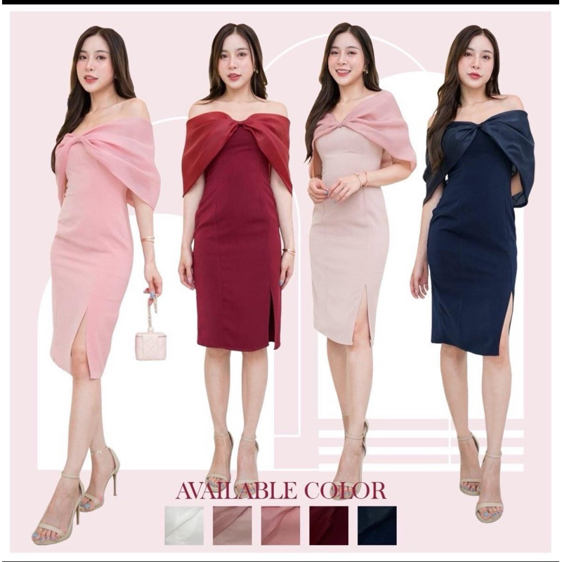 เดรสเปิดไหล่แต่งโบว์ออแกนดี้ ชุดออกงานหรู ใส่แล้วดูผอม ไซส์ S-2XL