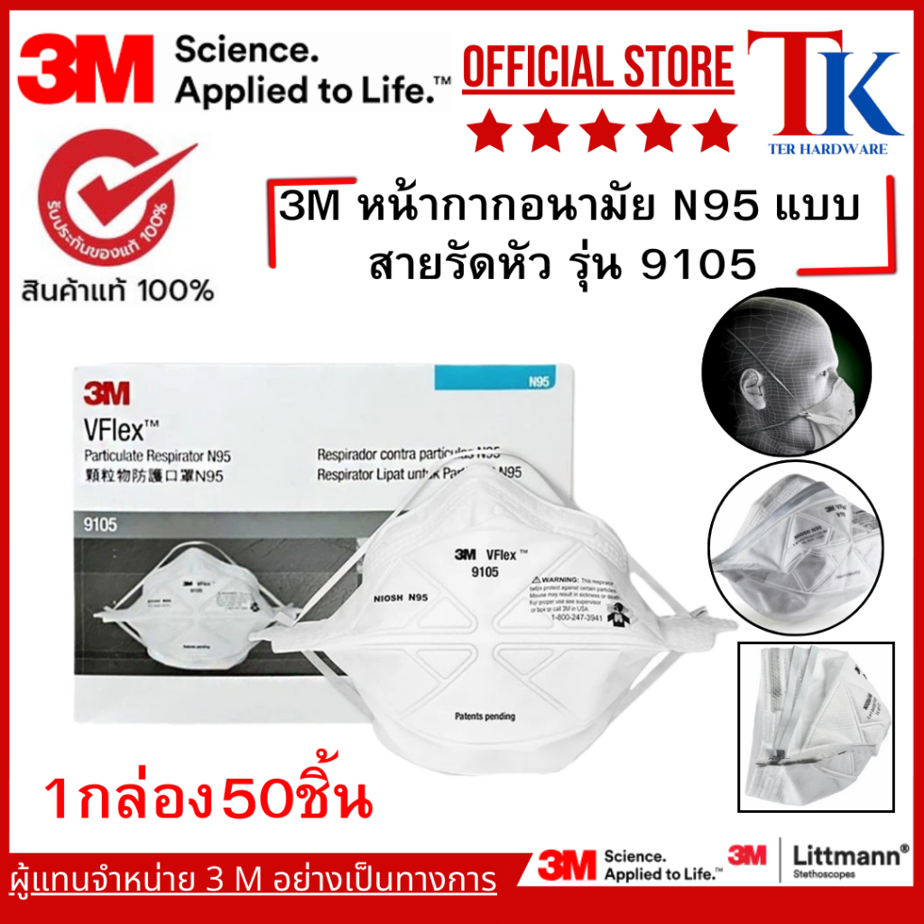 3M™ VFlex™ Particulate Respirator 9105, N95 3M หน้ากากอนามัย แบบสายรัด ...