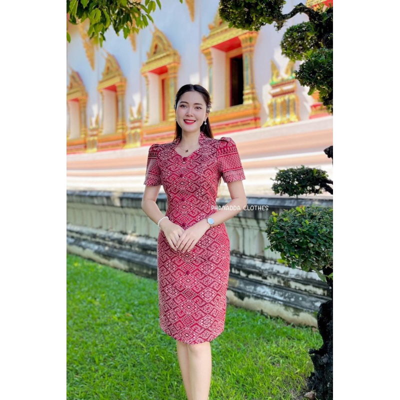 เดรสคอปีนลายไทย ผ้าฝ้ายครามทอ ใส่สบายทุกวัน ทรงสวยไม่ยับ มุมมองที่ 6