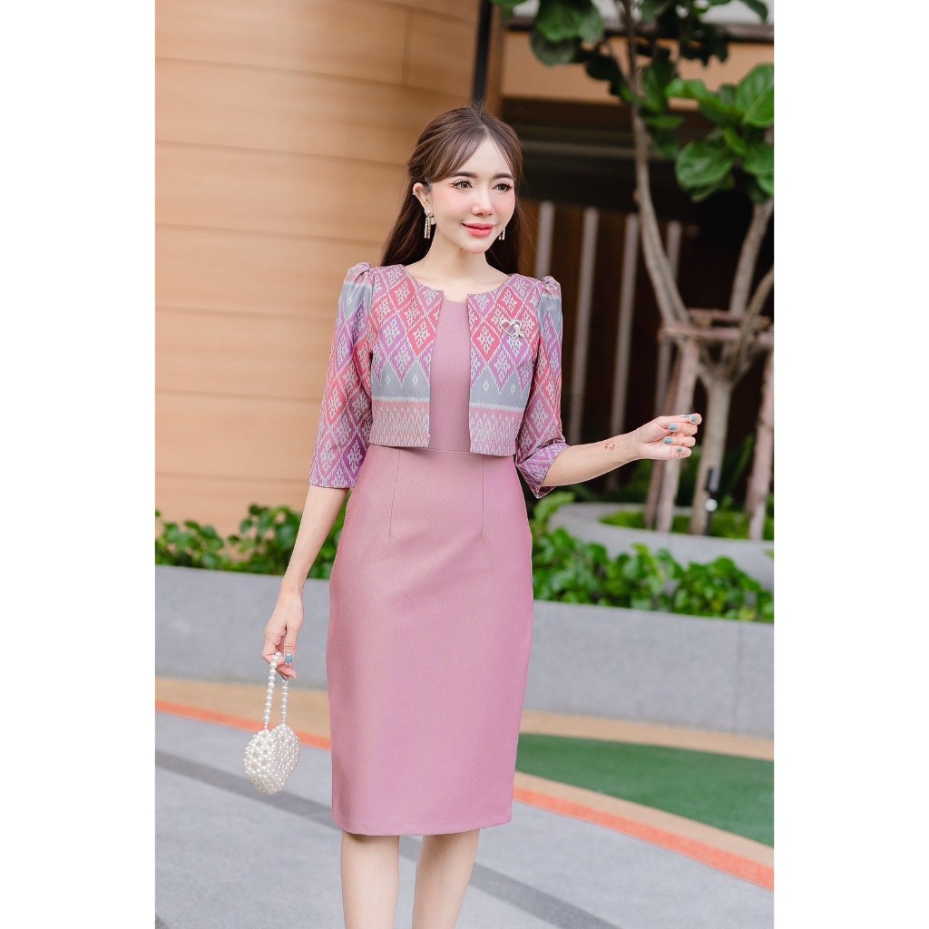 🍒 ชุดผ้าไทยแขนสามส่วนกระโปรงทรงเอ 5 สี ผ้าเนื้อดีทิ้งตัวสวย พร้อมส่ง มุมมองที่ 6