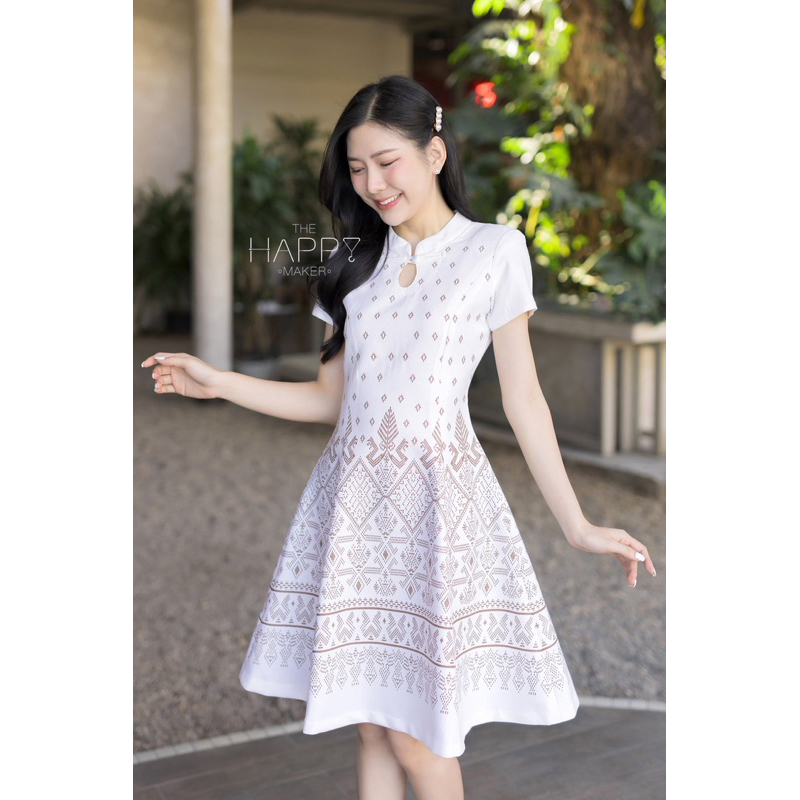เดรสเจ้าหญิงผ้าฝ้ายราชวัตรสีครีม ทรงสวยทุกรูปร่าง ไซส์ XS-4XL มุมมองที่ 6