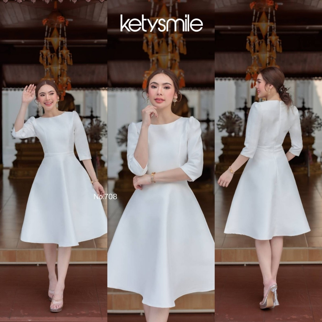 เดรสสีขาวงางานบุญ กระโปรงบานอัดกาว พรางพุง ทรงสวย S-5XL ซิปซ่อนหลัง มุมมองที่ 4