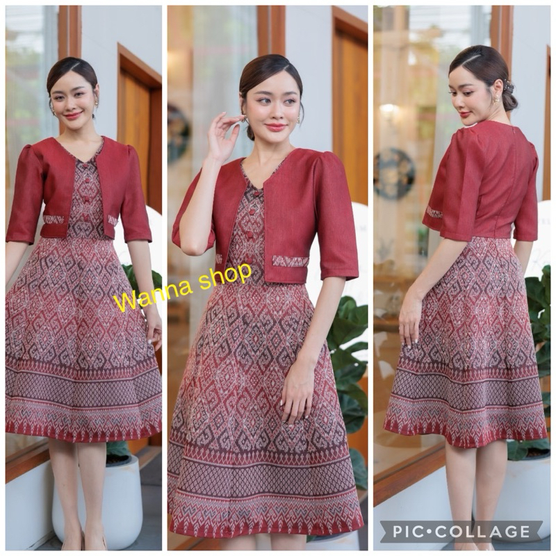 เดรสผ้าไทยลายกั๊กแขนสามส่วน ไซส์พอดีตัว เนื้อผ้านิ่ม สีสวยตรงปก พร้อมส่ง มุมมองที่ 4