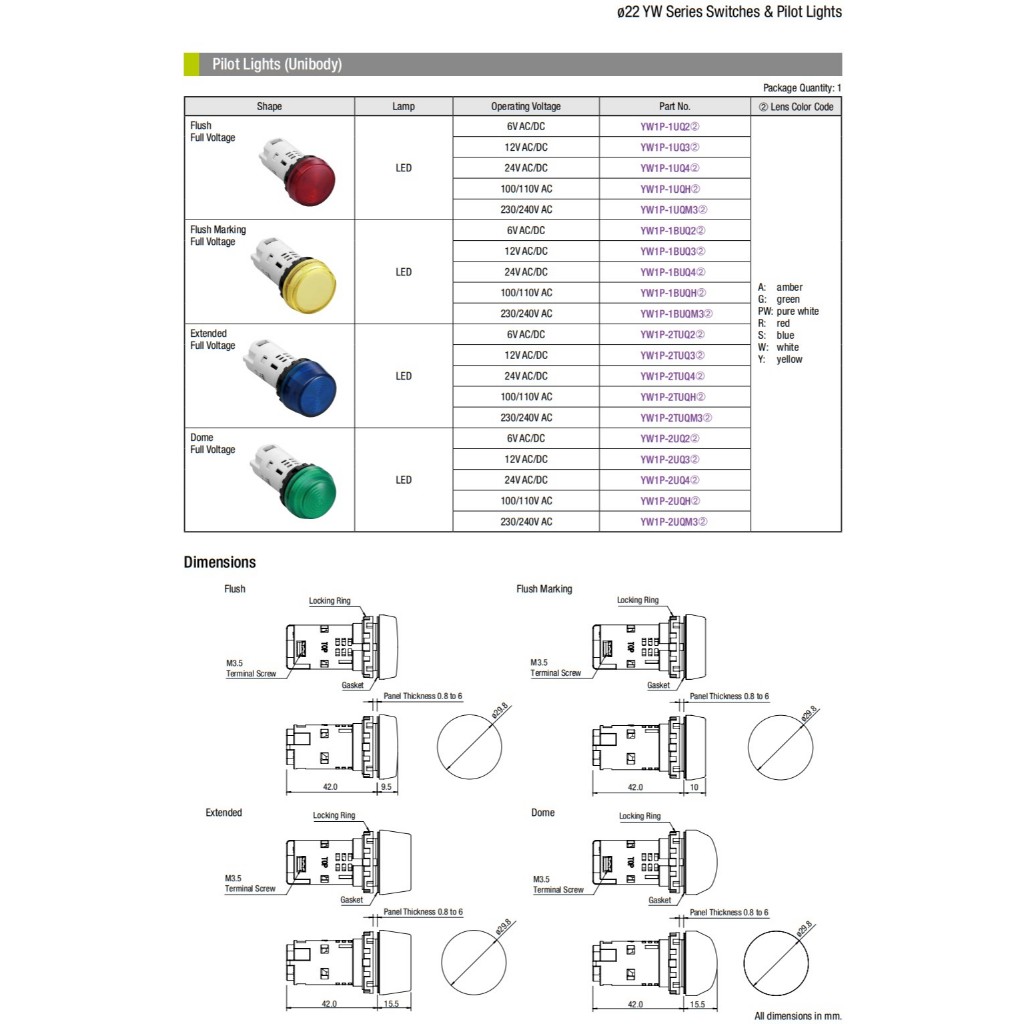 YW1P-1UQM3PW IDEC LED Pilot Lights ไพล็อตไลท์ ไฟนำร่อง “ สีขาวบริสุทธิ์ ...
