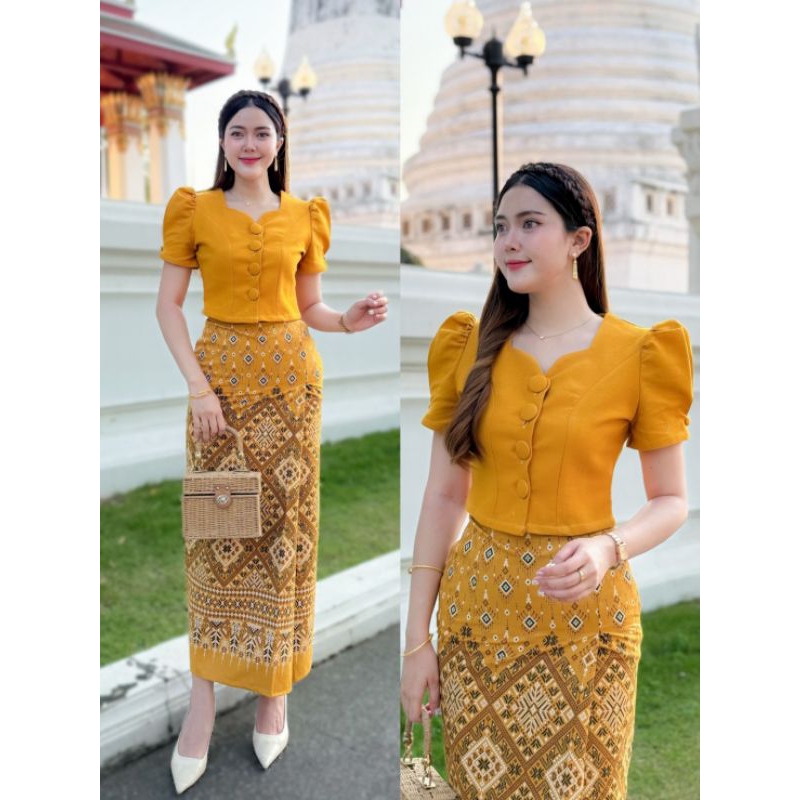 ชุดผ้าไทยเซต2ชิ้นผ้าฝ้ายอัดกาว ใส่สบาย ผ้าถุงสำเร็จซิบข้าง เสื้อหน้าต่อกระดุม มุมมองที่ 2