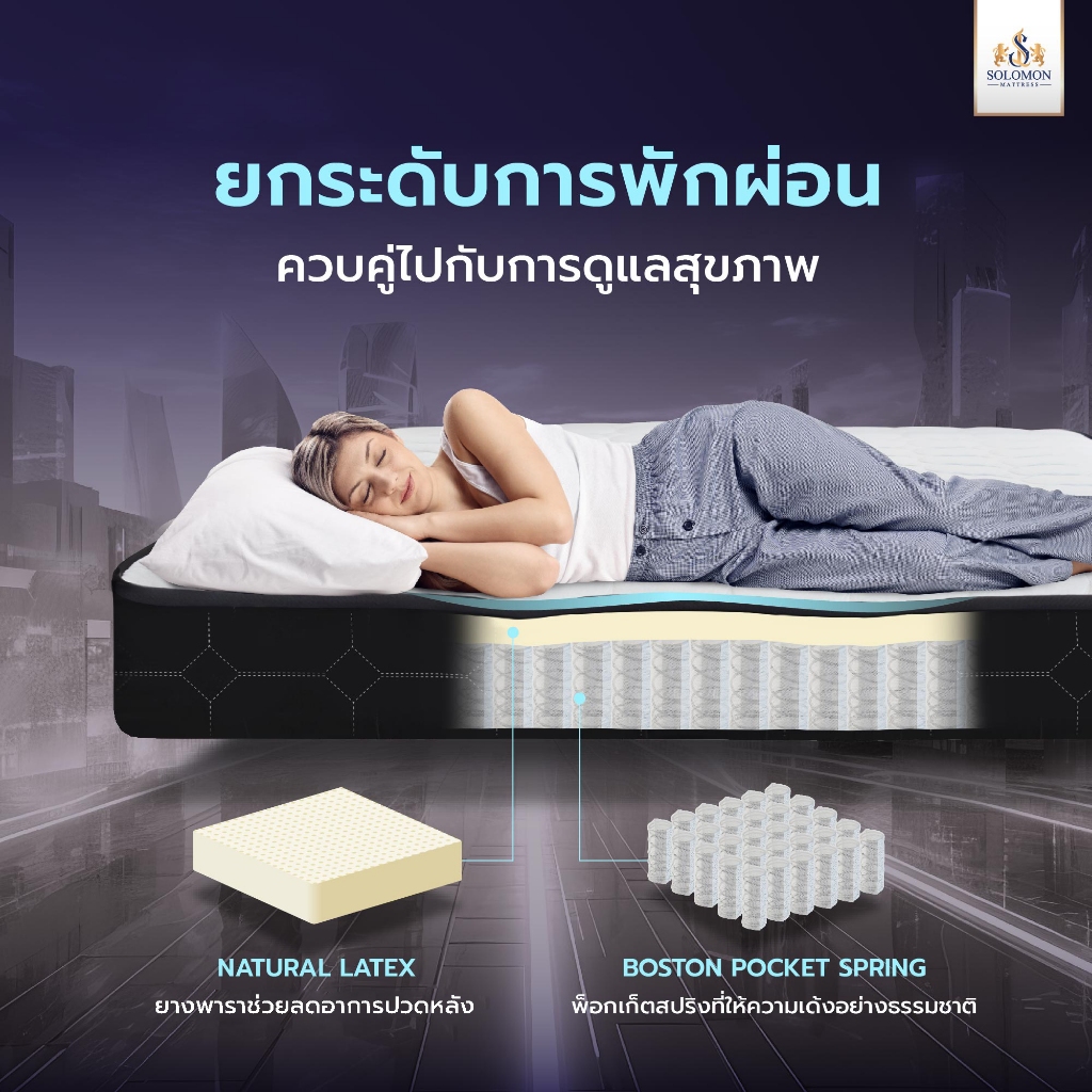 Solomon mattress รุ่น Kingston ที่นอนพ็อกเก็ตสปริงยางพารา หนา 10 นิ้ว รองรับสรีระ บรรเทาอาการปวดหลัง