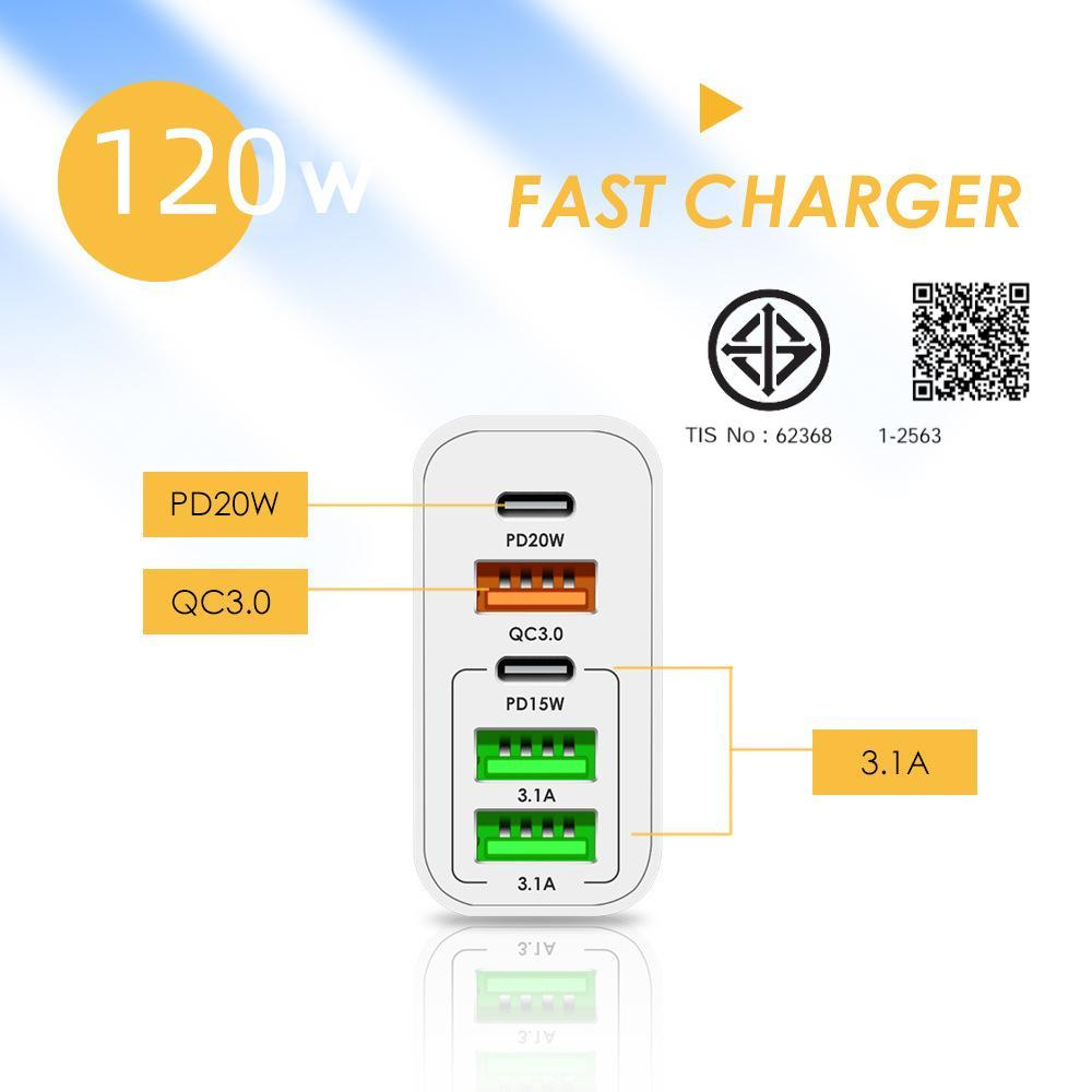 PD ชาร์จด่วน 3.0 อะแดปเตอร์โทรศัพท์ US 3USB + Type-C หัวชาร์จ 30W PD ที่ชาร์จโทรศัพท์มือถืออเนกประสงค์แบบหลายพอร์ต 120W