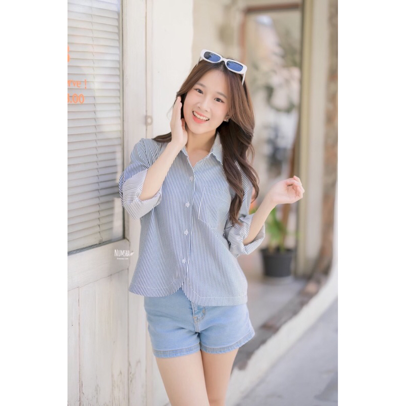 Numsha Brand เสื้อเชิ้ตลายทางแขนยาวเอวมน 2536 / NB24035 | Shopee Thailand