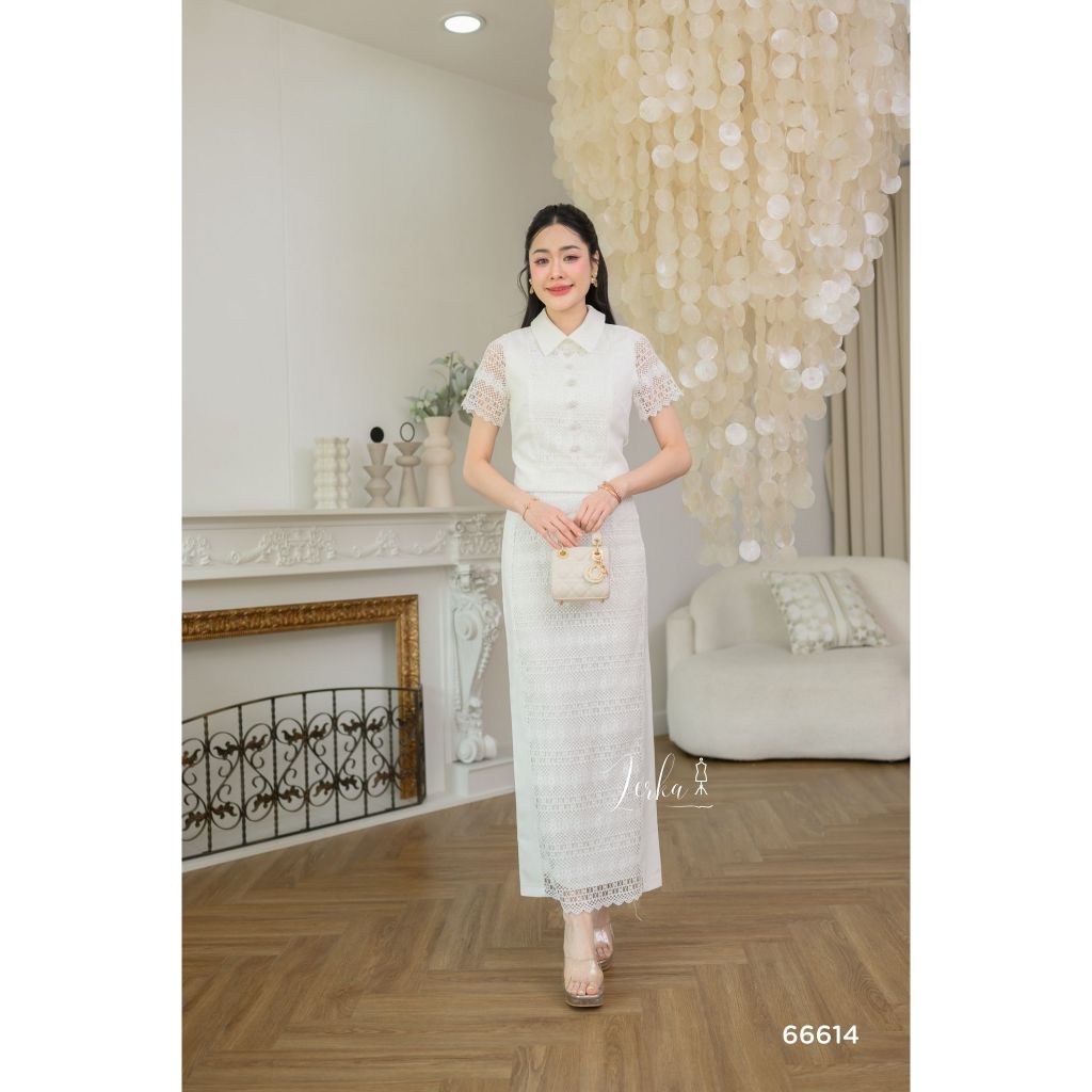 ชุดเซ็ทขาวหรู ใส่ทำบุญ งานบวช ออกงาน ลูกไม้คุณภาพ S-4XL มุมมองที่ 4