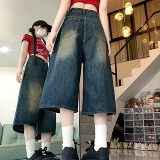 โปรโมชั่น Flash Sale : 💥YHD8125💥มีไซซ์ S-3XL💥กางเกงขากระบอก กางเกงยีนส์ขาสั้น ทรงหลวมขากว้าง เอวสูง สไตส์วินเทจ