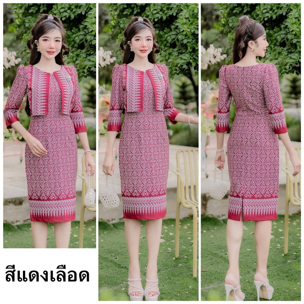 เดรสลายไทยผ้าไหมญี่ปุ่น กระชับทรง สวยทุกรูป ใส่สบายไม่ต้องรีด มุมมองที่ 6