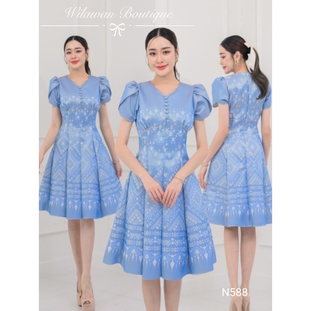 เดรสผ้าไทยสีฟ้าวันแม่ สวยหรู ผ้าทอคุณภาพดี ราคาถูก ใส่แล้วดูมีระดับ มุมมองที่ 6