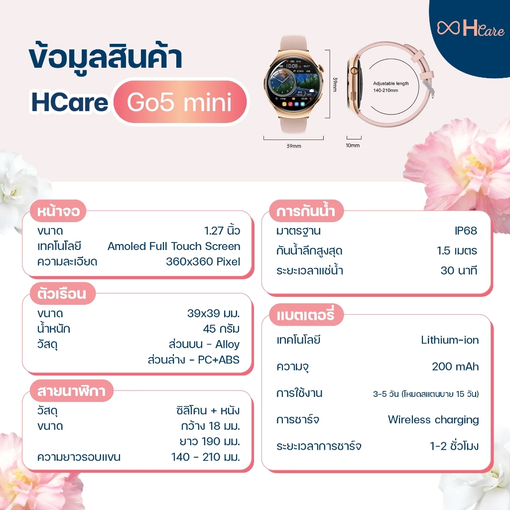 HCare Go5 mini นาฬิกา รับสายโทรออก รับประกันศูนย์ 1 ปี