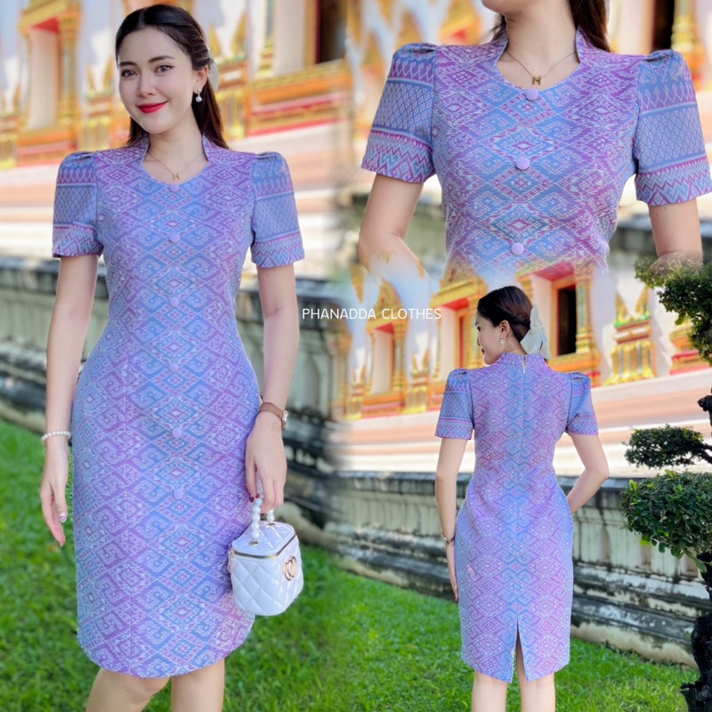 เดรสคอปีนลายไทย ผ้าฝ้ายครามทอ ใส่สบายทุกวัน ทรงสวยไม่ยับ มุมมองที่ 4